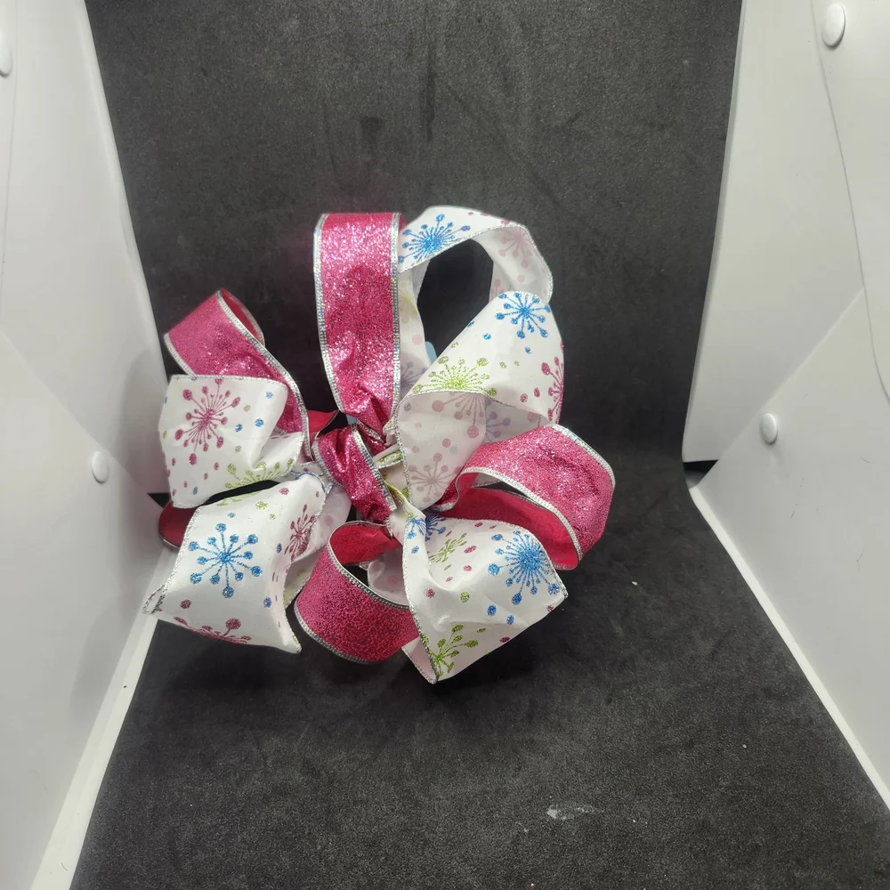 Pink and White Glitter Bow Hair Barrette Clip